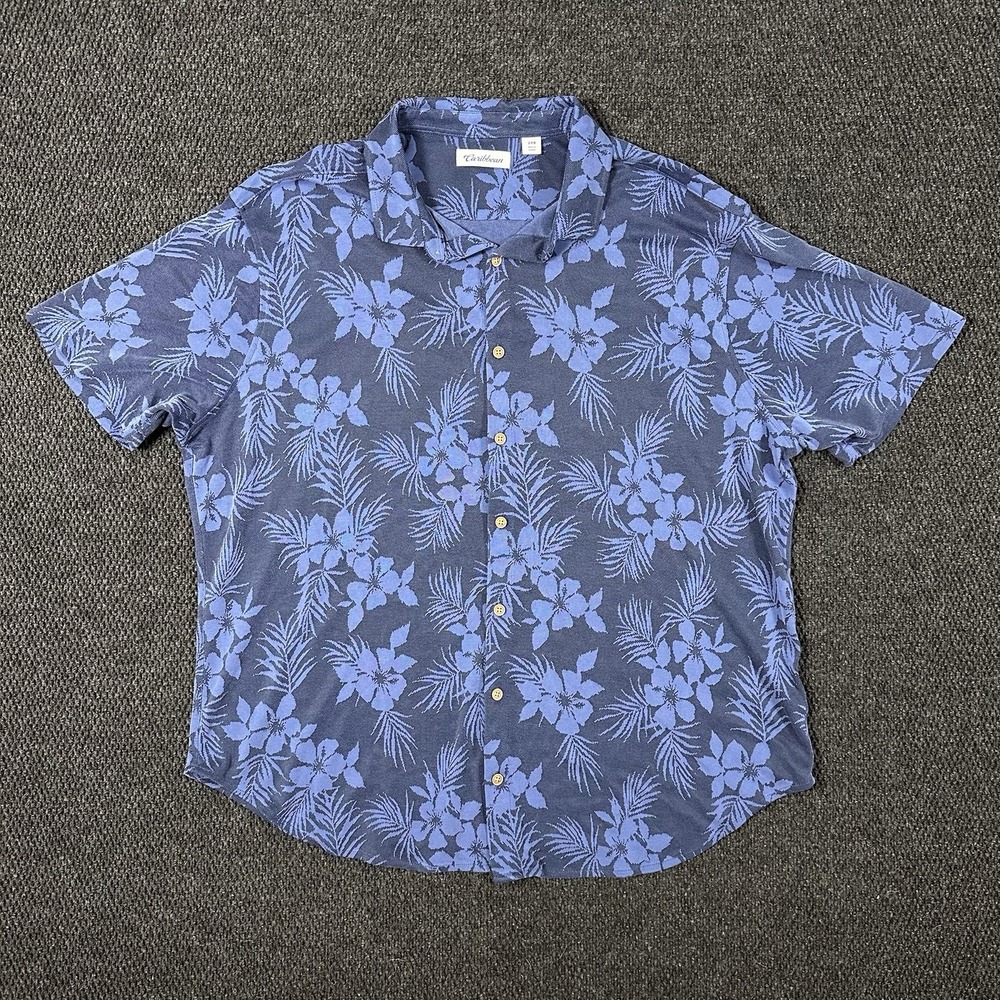 Caribbean Hawaiian Aloha Shirt Men's 2xb Blue Purple Floral Palm Design Modal